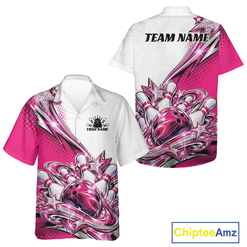 Custom Pink Glitter Star Bowling Men And Women Button Up, Bowling League And Tournament Shirt IPHW12763
