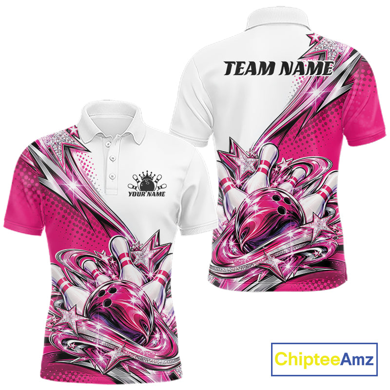 Custom Pink Glitter Star Bowling Men Polo, Bowling League And Tournament Shirt IPHW12763
