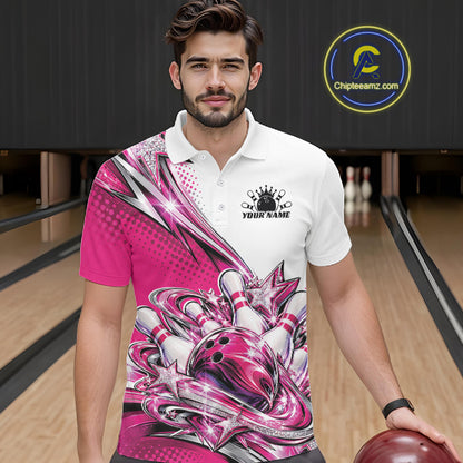 Custom Pink Glitter Star Bowling Men Polo, Bowling League And Tournament Shirt IPHW12763