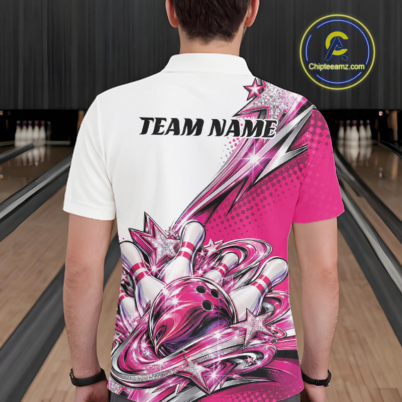 Custom Pink Glitter Star Bowling Men Polo, Bowling League And Tournament Shirt IPHW12763
