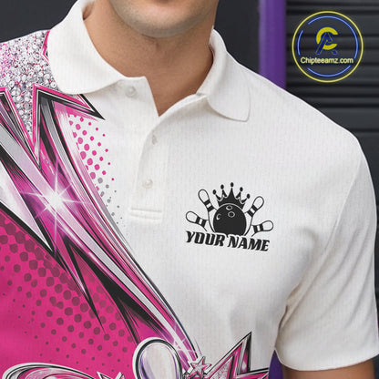 Custom Pink Glitter Star Bowling Men Polo, Bowling League And Tournament Shirt IPHW12763