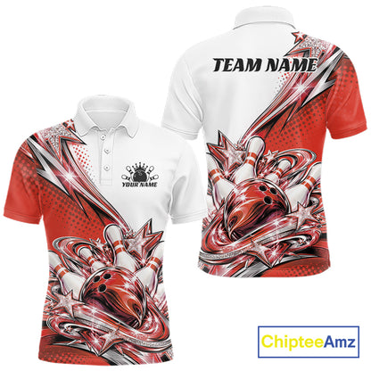 Custom Red Glitter Star Bowling Men Polo, Bowling League And Tournament Shirt IPHW12764