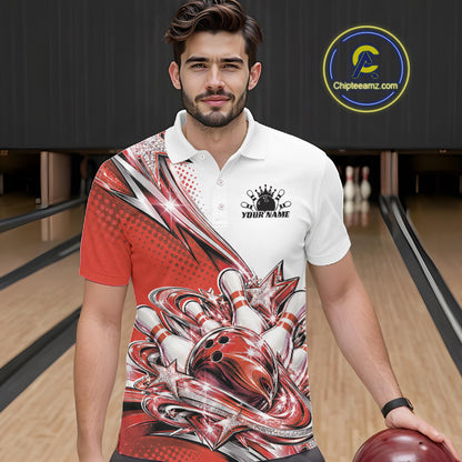 Custom Red Glitter Star Bowling Men Polo, Bowling League And Tournament Shirt IPHW12764