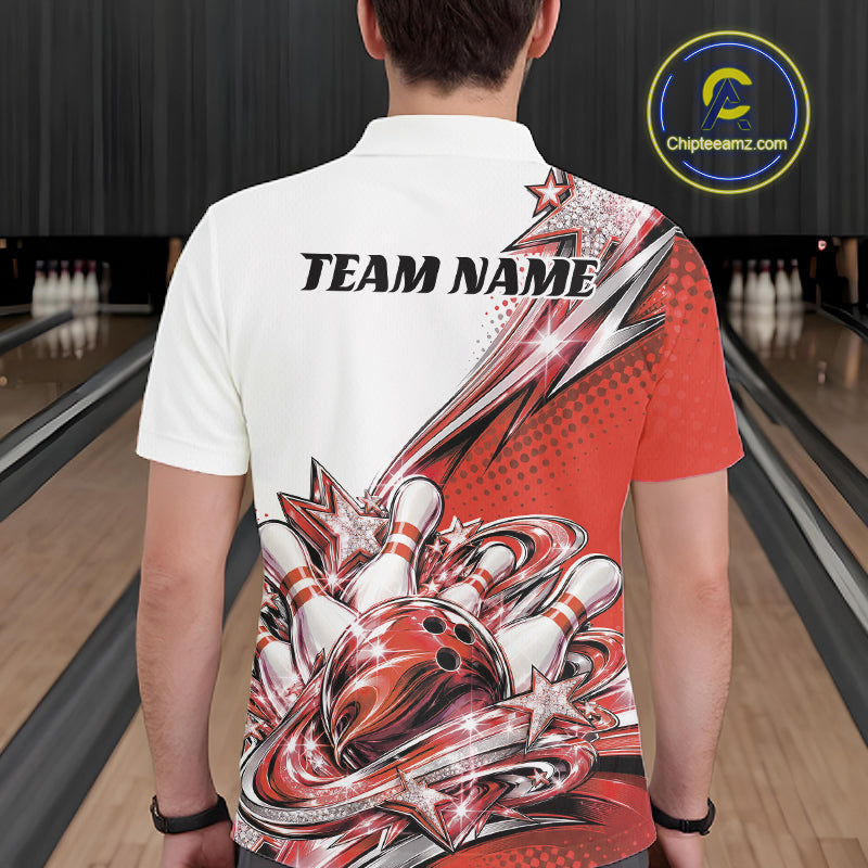 Custom Red Glitter Star Bowling Men Polo, Bowling League And Tournament Shirt IPHW12764