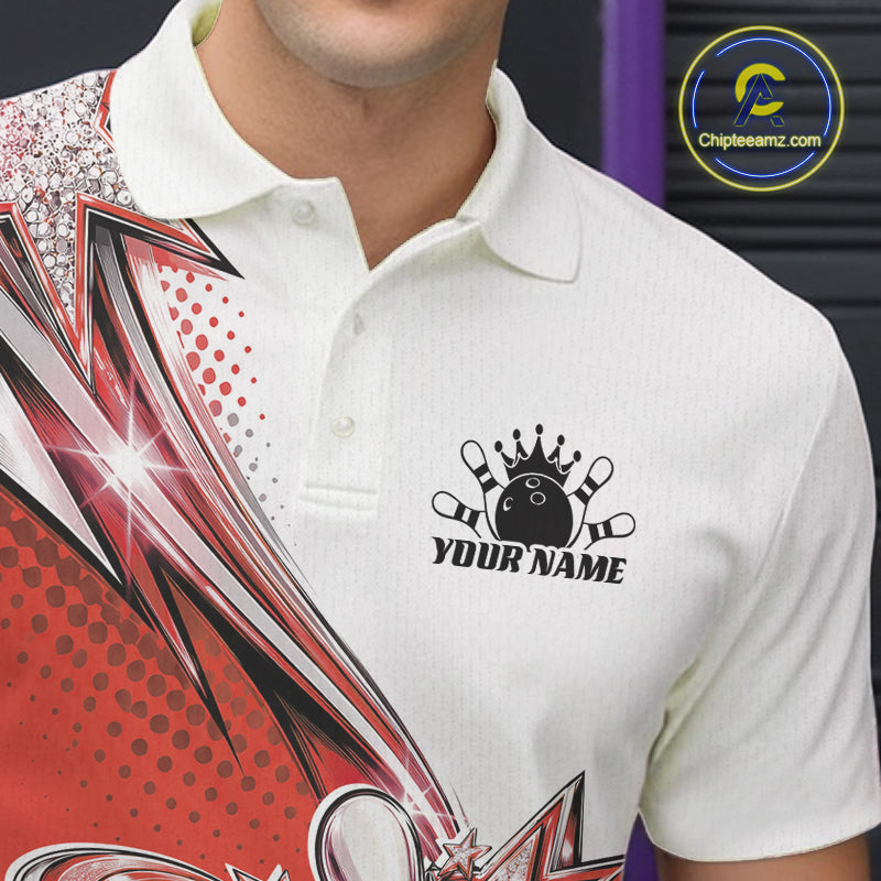 Custom Red Glitter Star Bowling Men Polo, Bowling League And Tournament Shirt IPHW12764