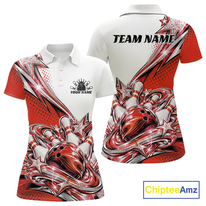 Custom Red Glitter Star Bowling Women Polo, Bowling League And Tournament Shirt IPHW12764