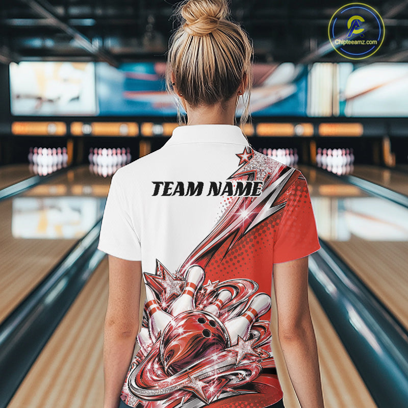 Custom Red Glitter Star Bowling Women Polo, Bowling League And Tournament Shirt IPHW12764