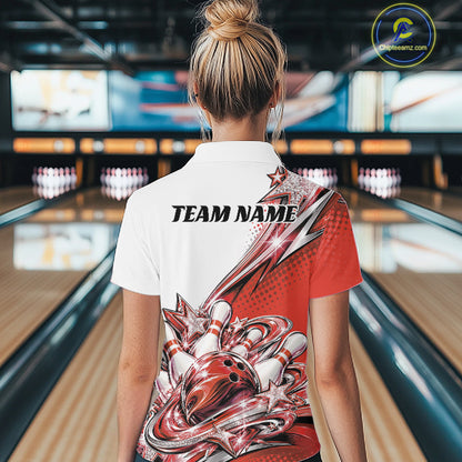 Custom Red Glitter Star Bowling Women Polo, Bowling League And Tournament Shirt IPHW12764