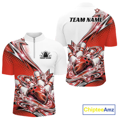 Custom Red Glitter Star Bowling Men Quarter Zip, Bowling League And Tournament Shirt IPHW12764