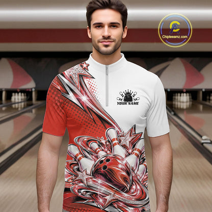 Custom Red Glitter Star Bowling Men Quarter Zip, Bowling League And Tournament Shirt IPHW12764