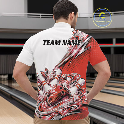 Custom Red Glitter Star Bowling Men Quarter Zip, Bowling League And Tournament Shirt IPHW12764