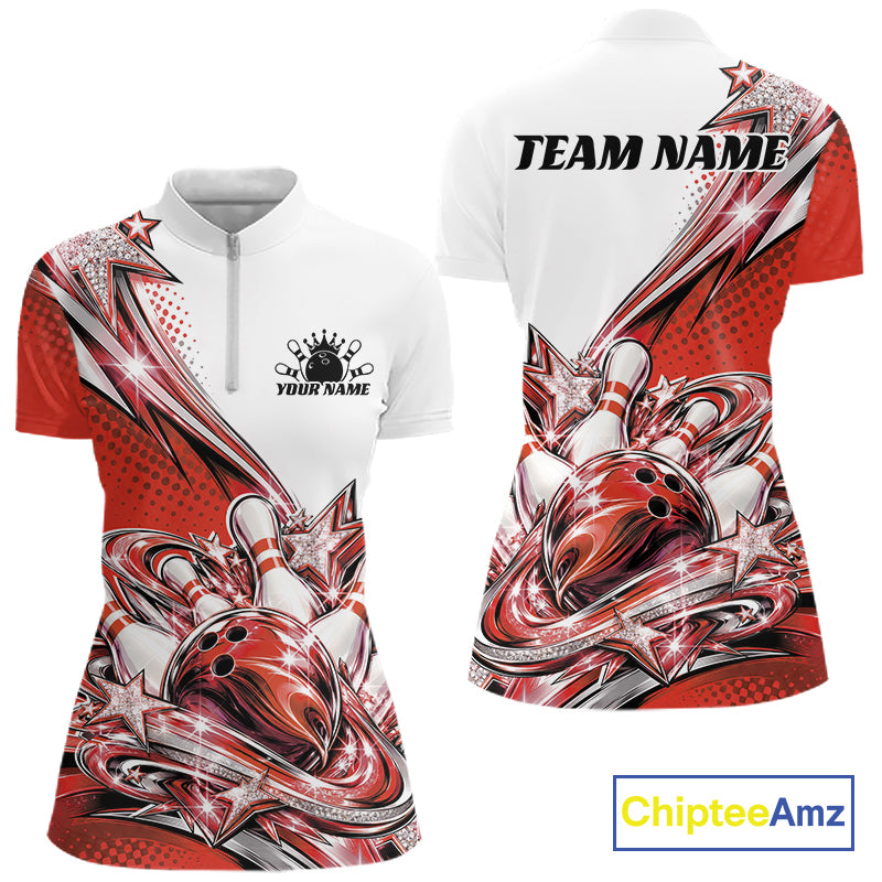 Custom Red Glitter Star Bowling Women Quarter-Zip, Bowling League And Tournament Shirt IPHW12764
