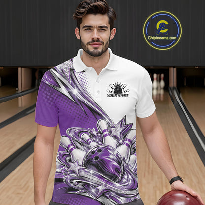 Custom Purple Glitter Star Bowling Men Polo, Bowling League And Tournament Shirt IPHW12765