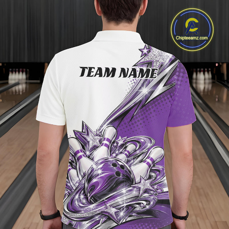 Custom Purple Glitter Star Bowling Men Polo, Bowling League And Tournament Shirt IPHW12765