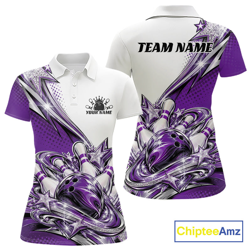 Custom Purple Glitter Star Bowling Women Polo, Bowling League And Tournament Shirt IPHW12765