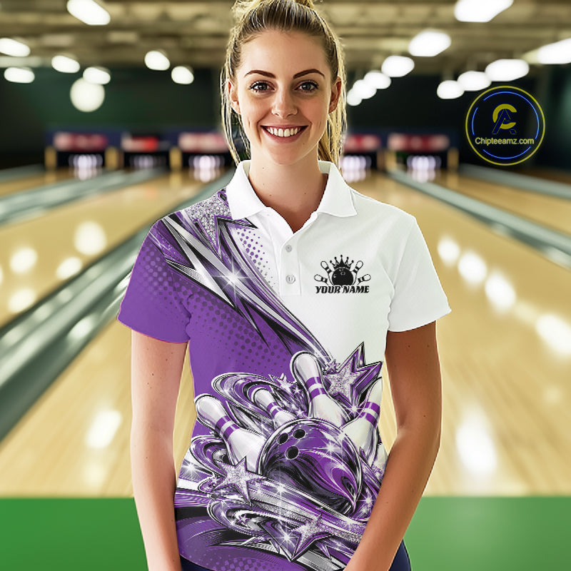 Custom Purple Glitter Star Bowling Women Polo, Bowling League And Tournament Shirt IPHW12765