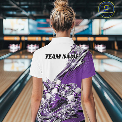 Custom Purple Glitter Star Bowling Women Polo, Bowling League And Tournament Shirt IPHW12765