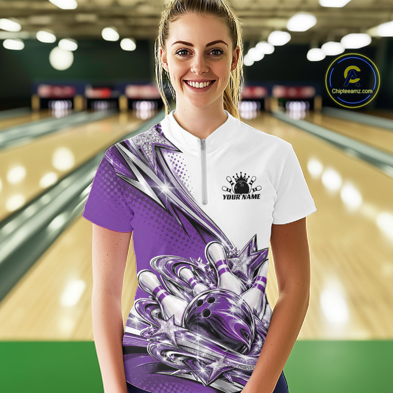 Custom Purple Glitter Star Bowling Women Quarter-Zip, Bowling League Shirt IPHW12765