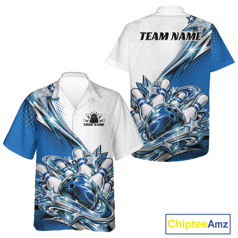 Custom Blue Glitter Star Bowling Men And Women Button Up, Bowling League And Tournament Shirt IPHW12766