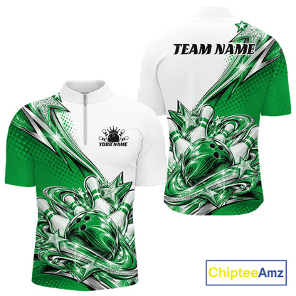Custom Green Glitter Star Bowling Men Quarter Zip, Bowling League And Tournament Shirt IPHW12767