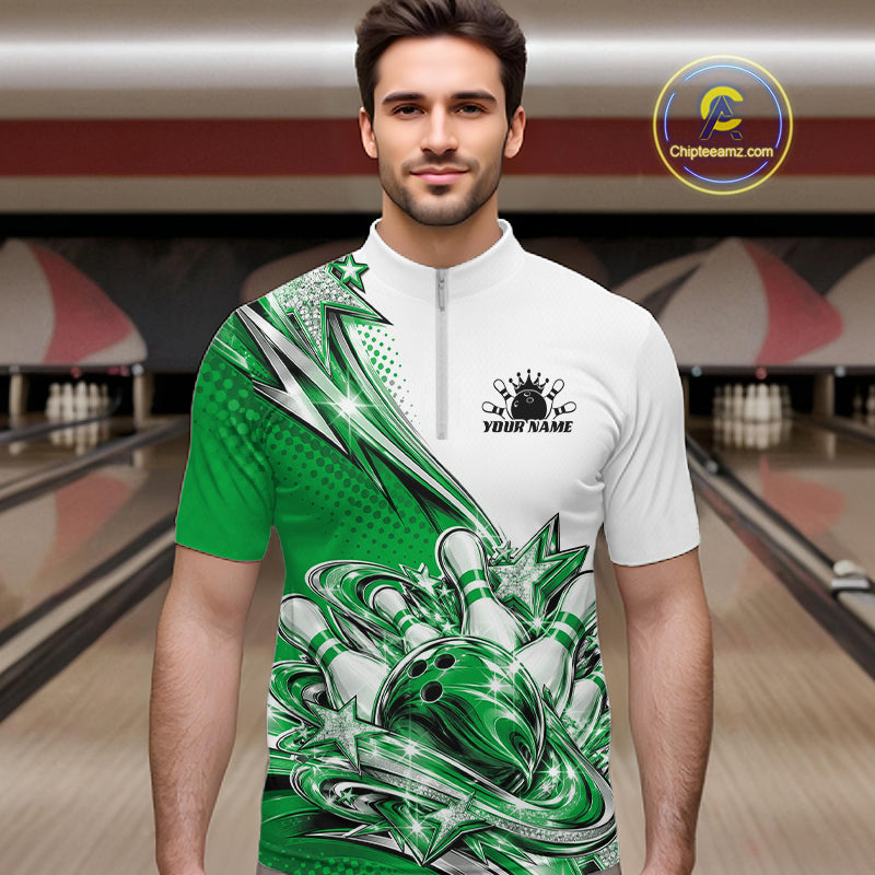Custom Green Glitter Star Bowling Men Quarter Zip, Bowling League And Tournament Shirt IPHW12767