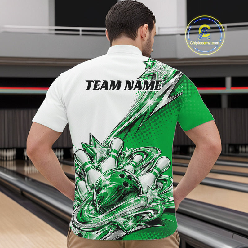 Custom Green Glitter Star Bowling Men Quarter Zip, Bowling League And Tournament Shirt IPHW12767