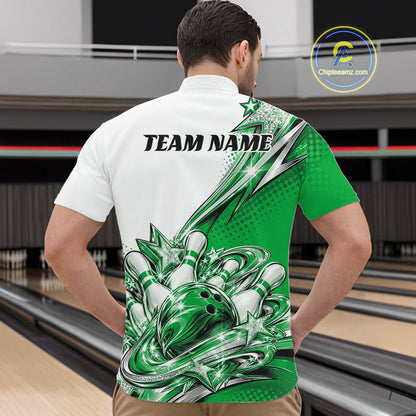Custom Green Glitter Star Bowling Men Quarter Zip, Bowling League And Tournament Shirt IPHW12767