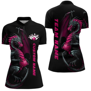 Custom Black And Pink Dragon Ladies Bowling Shirts, Dragon Bowling Team Shirt Bowler Outfit IPHW7293