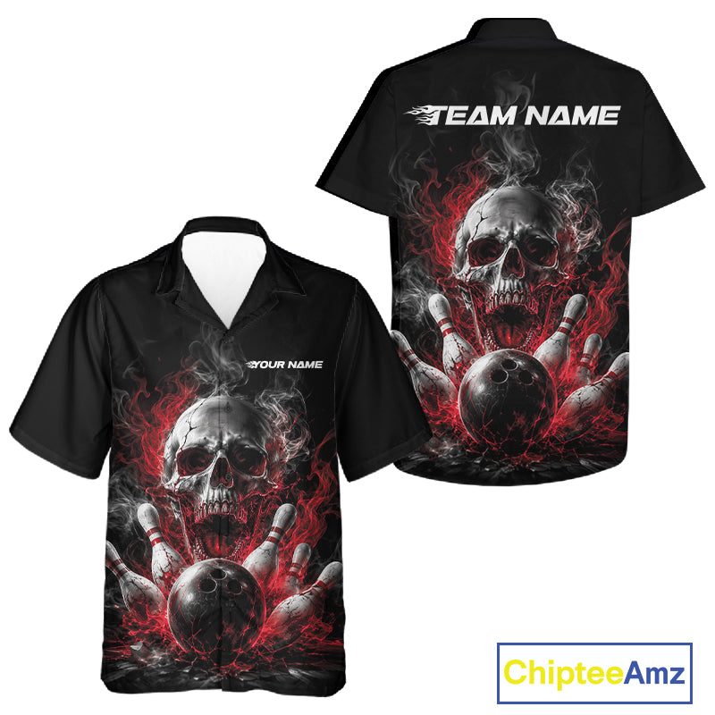 Custom Black And Red Smoke Flame Skull Bowling Men And Women Button Up Shirt, Halloween Outfit IPHW11979