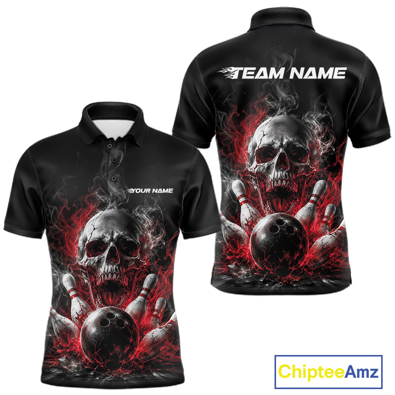 Custom Black And Red Smoke Flame Skull Bowling Men Polo Shirt, Halloween Outfit IPHW11979