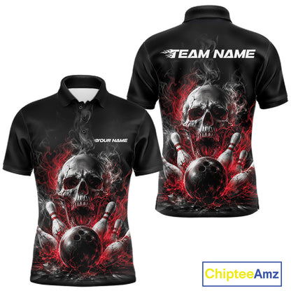 Custom Black And Red Smoke Flame Skull Bowling Men Polo Shirt, Halloween Outfit IPHW11979
