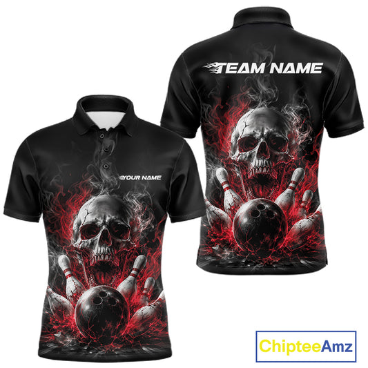 Custom Black And Red Smoke Flame Skull Bowling Men Polo Shirt, Halloween Outfit IPHW11979
