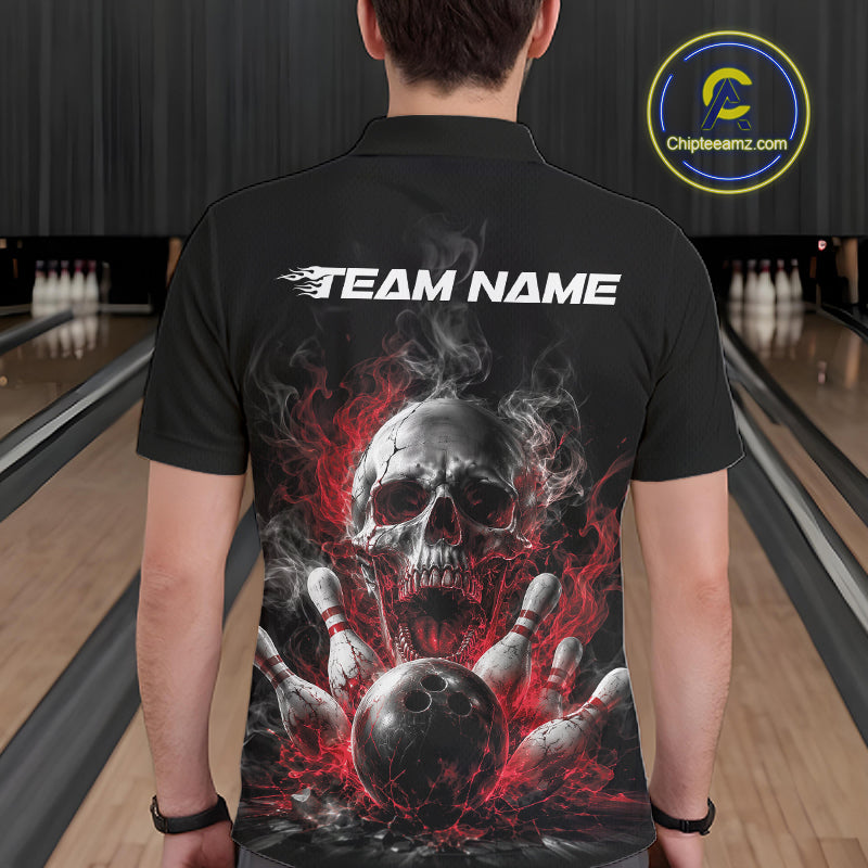 Custom Black And Red Smoke Flame Skull Bowling Men Polo Shirt, Halloween Outfit IPHW11979