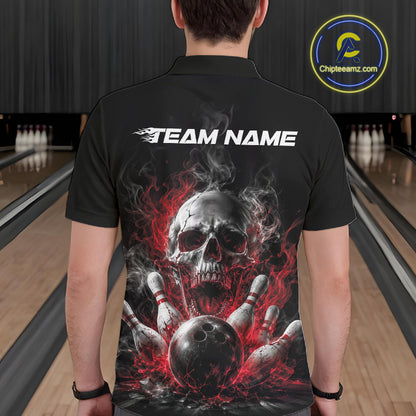 Custom Black And Red Smoke Flame Skull Bowling Men Polo Shirt, Halloween Outfit IPHW11979