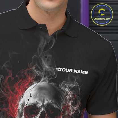 Custom Black And Red Smoke Flame Skull Bowling Men Polo Shirt, Halloween Outfit IPHW11979