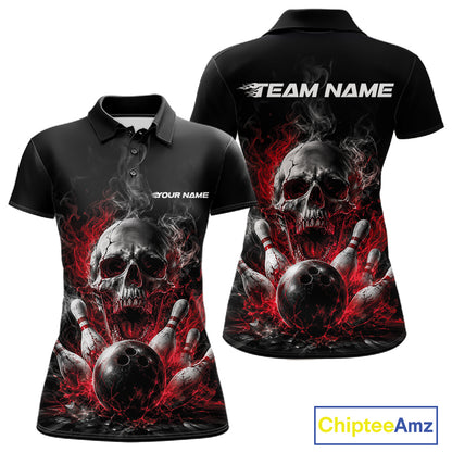 Custom Black And Red Smoke Flame Skull Bowling Women Polo Shirt, Halloween Outfit IPHW11979