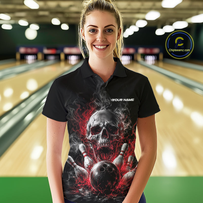 Custom Black And Red Smoke Flame Skull Bowling Women Polo Shirt, Halloween Outfit IPHW11979