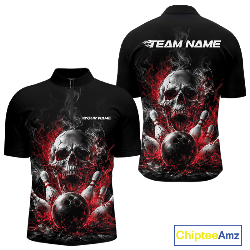 Custom Black And Red Smoke Flame Skull Bowling Men Quarter Zip Shirt, Halloween Outfit IPHW11979