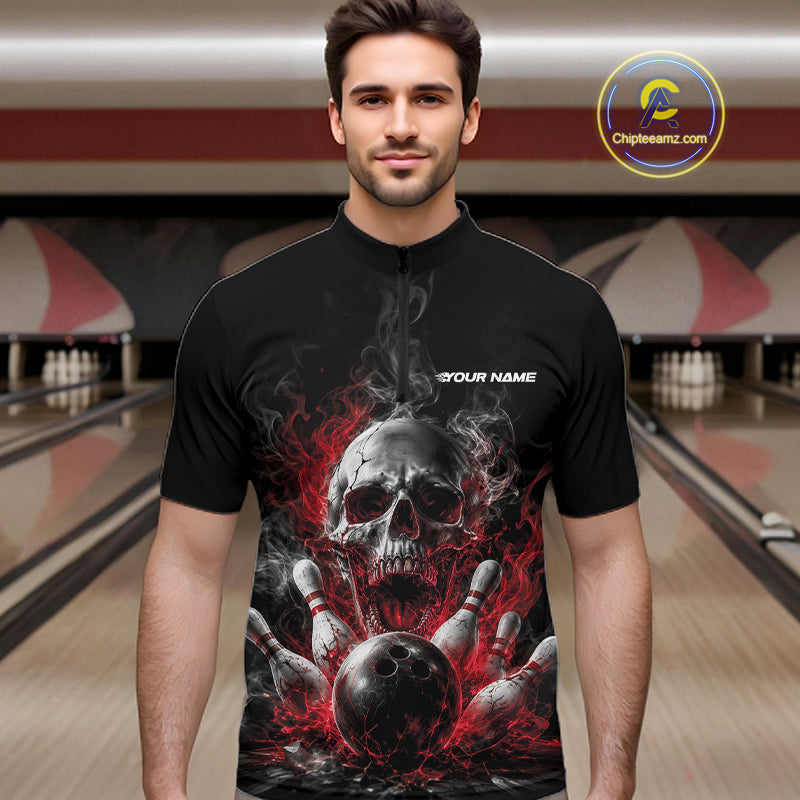 Custom Black And Red Smoke Flame Skull Bowling Men Quarter Zip Shirt, Halloween Outfit IPHW11979