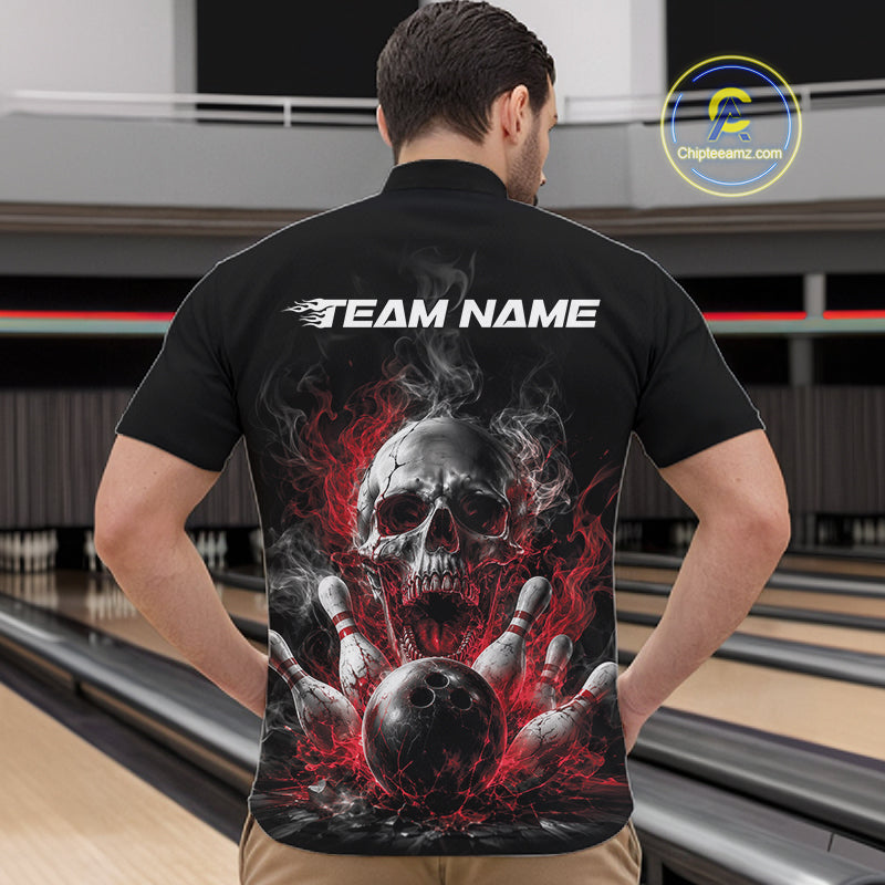 Custom Black And Red Smoke Flame Skull Bowling Men Quarter Zip Shirt, Halloween Outfit IPHW11979