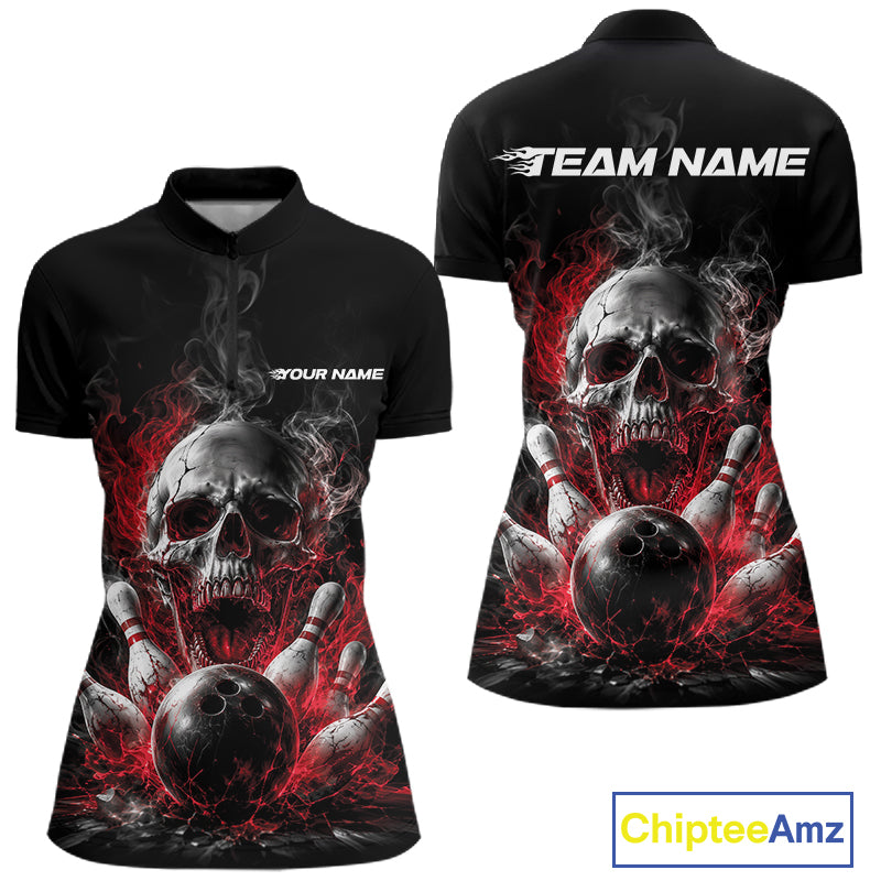 Custom Black And Red Smoke Flame Skull Bowling Women Quarter-Zip Shirt, Halloween Outfit IPHW11979