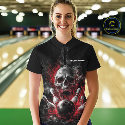 Custom Black And Red Smoke Flame Skull Bowling Women Quarter-Zip Shirt, Halloween Outfit IPHW11979