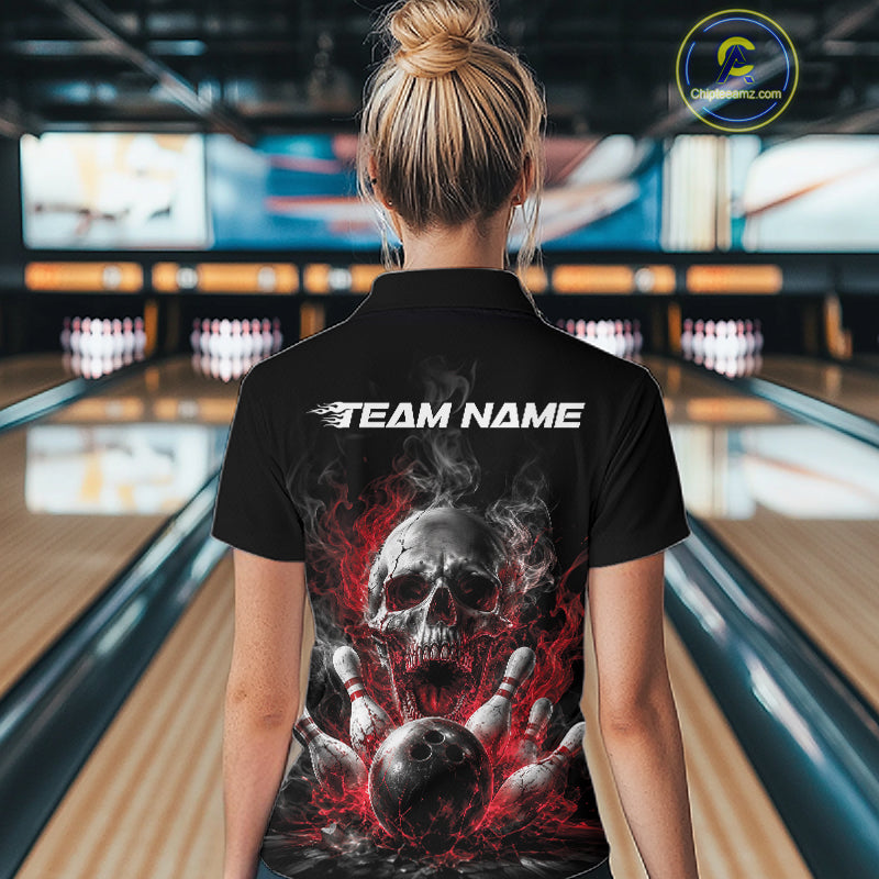 Custom Black And Red Smoke Flame Skull Bowling Women Quarter-Zip Shirt, Halloween Outfit IPHW11979