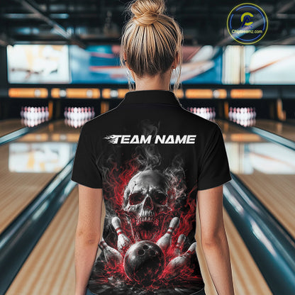 Custom Black And Red Smoke Flame Skull Bowling Women Quarter-Zip Shirt, Halloween Outfit IPHW11979