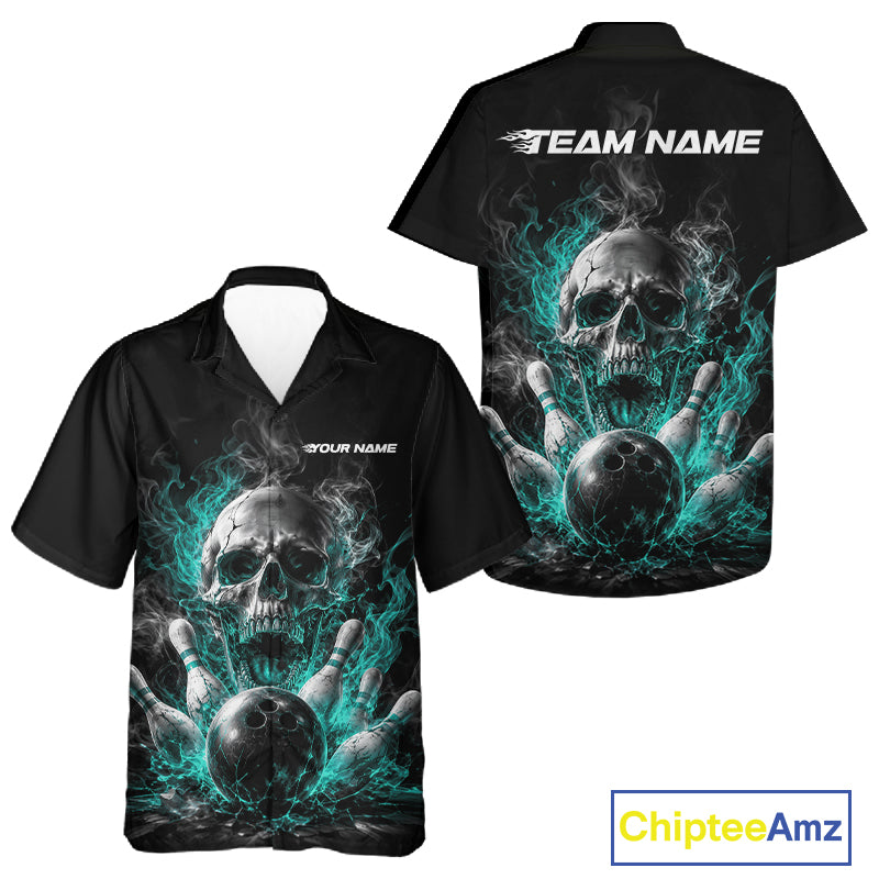 Custom Turquoise Blue Smoke Flame Skull Bowling Men And Women Button Up Shirt, Halloween Outfit IPHW11980