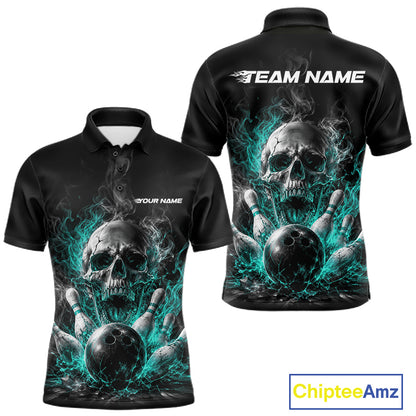 Custom Turquoise Blue Smoke Flame Skull Bowling Men Polo Shirt, Halloween Outfit IPHW11980