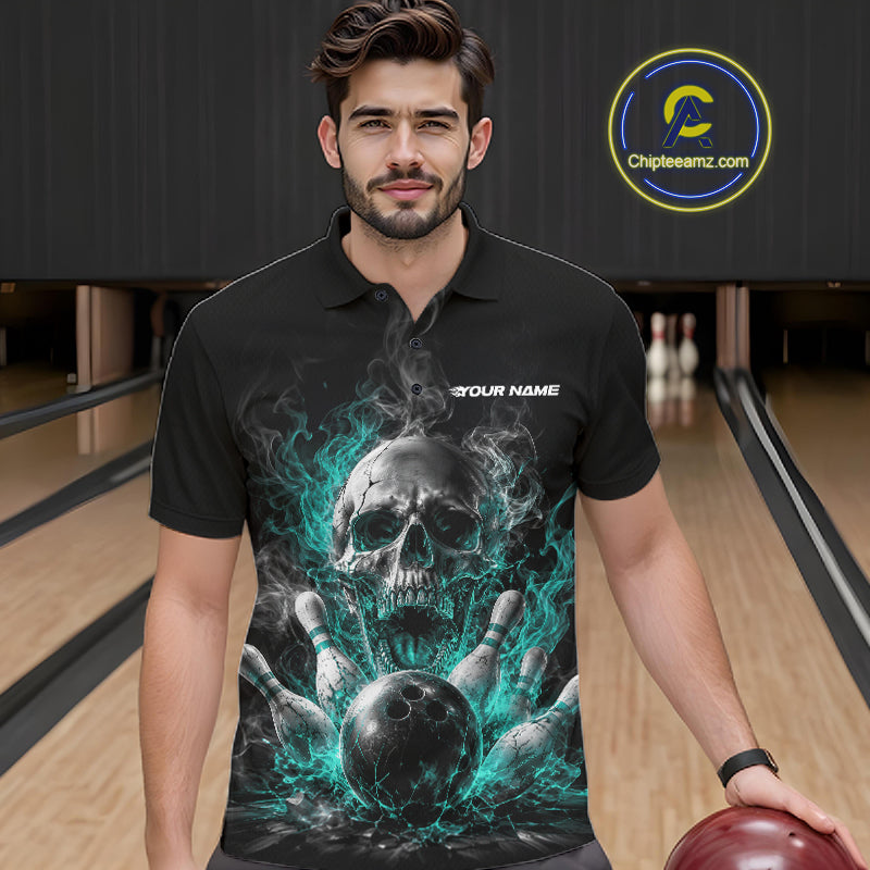 Custom Turquoise Blue Smoke Flame Skull Bowling Men Polo Shirt, Halloween Outfit IPHW11980