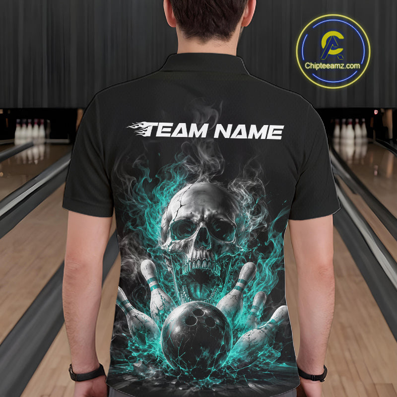 Custom Turquoise Blue Smoke Flame Skull Bowling Men Polo Shirt, Halloween Outfit IPHW11980