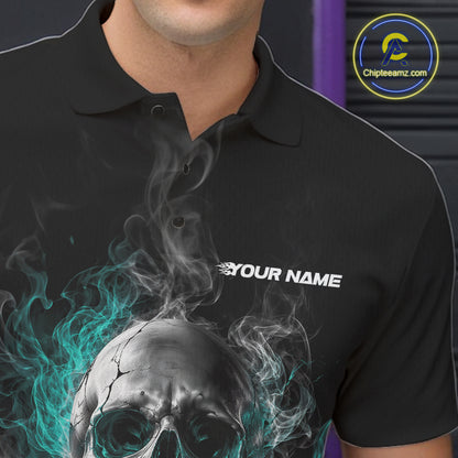 Custom Turquoise Blue Smoke Flame Skull Bowling Men Polo Shirt, Halloween Outfit IPHW11980