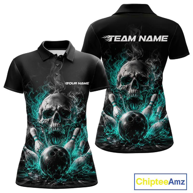 Custom Turquoise Blue Smoke Flame Skull Bowling Women Polo Shirt, Halloween Outfit IPHW11980